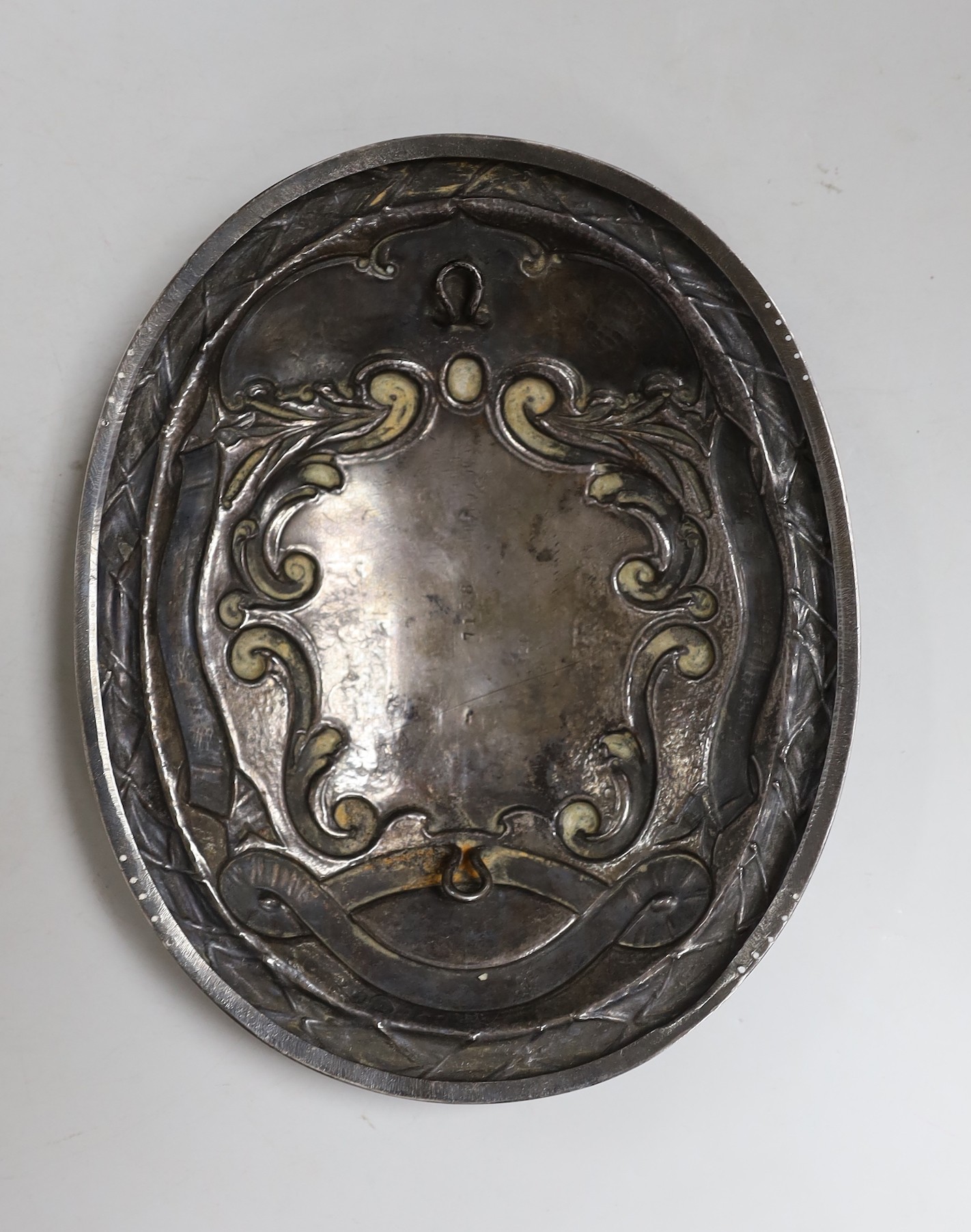 A Victorian silver oval plaque, with engraved inscription relating to 'The Tower of London St. Botolph Aldgate and Wapping Apprentices Regatta (Manage William Moscop), by S. Smith & Son, London, 1881, 17.1cm, 5oz.